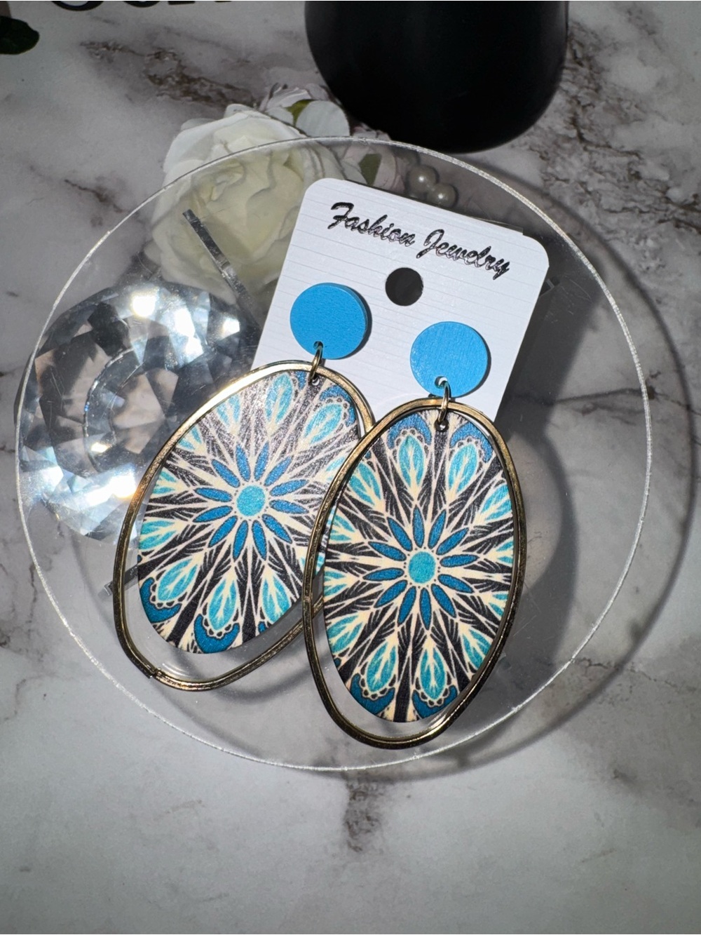 Fashion Jewelry Turquoise and Blue Floral Oval Dangle Earrings